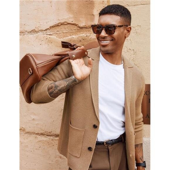 Men's Sweater Shawl Collar Button Down Jacket Khaki - Picture 4 of 6